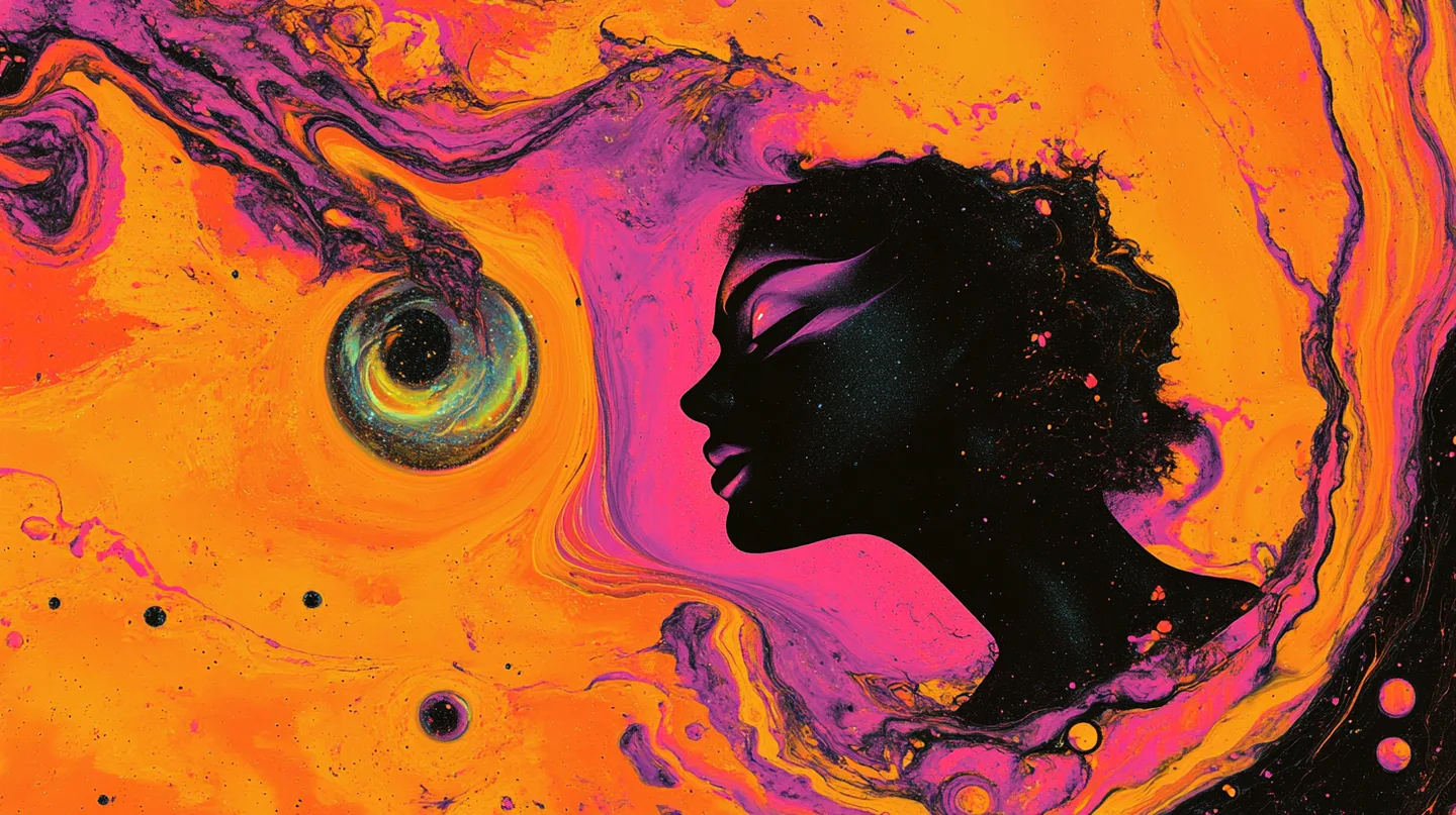 A woman’s silhouette surrounded by flowing orange, pink and yellow patterns