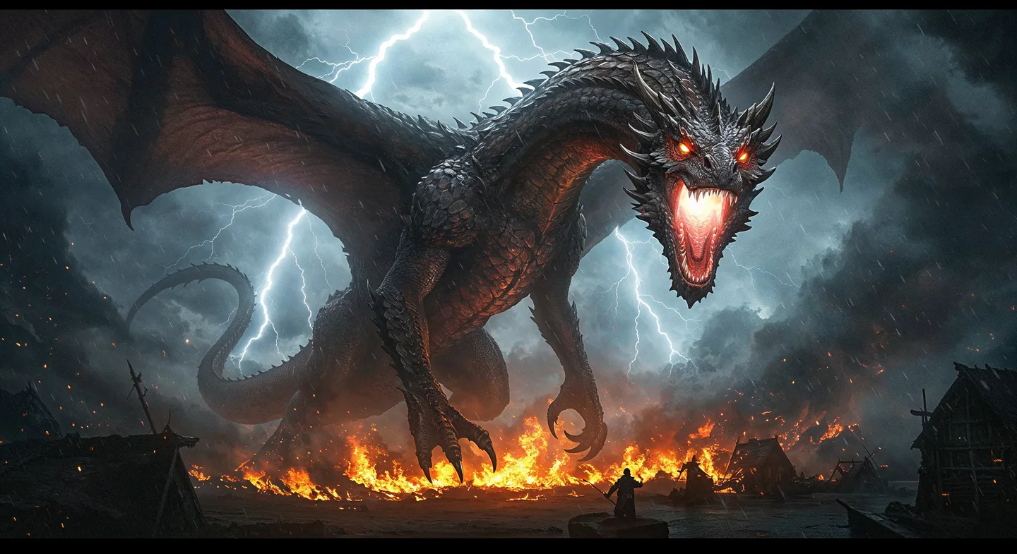 A dragon flying over a landscape lit by fire and lightning