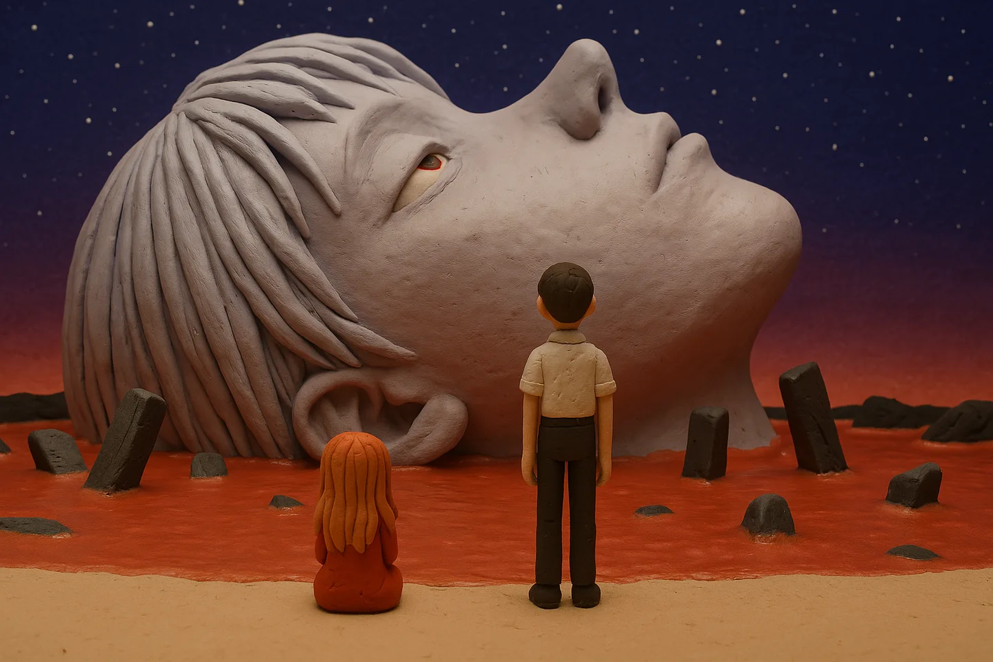 Two people looking at an enormous sculpted head in a surreal orange landscape