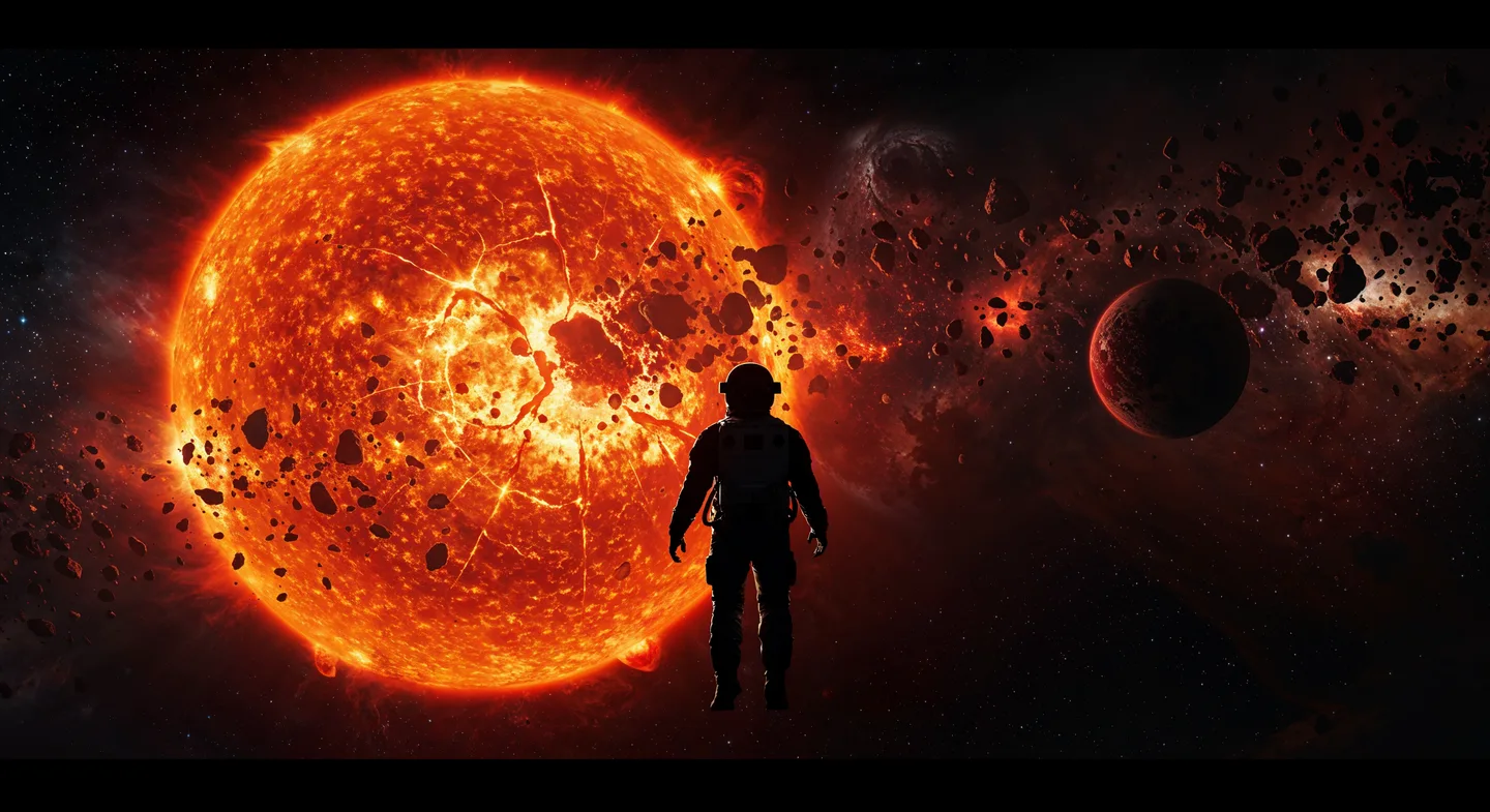 A silhouetted traveler standing before a vast glowing orange star