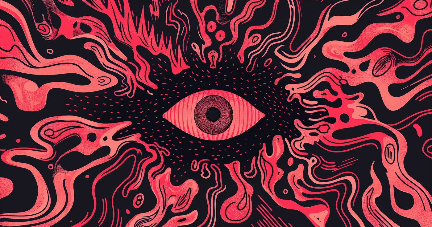 Abstract red eye surrounded by flowing pink shapes