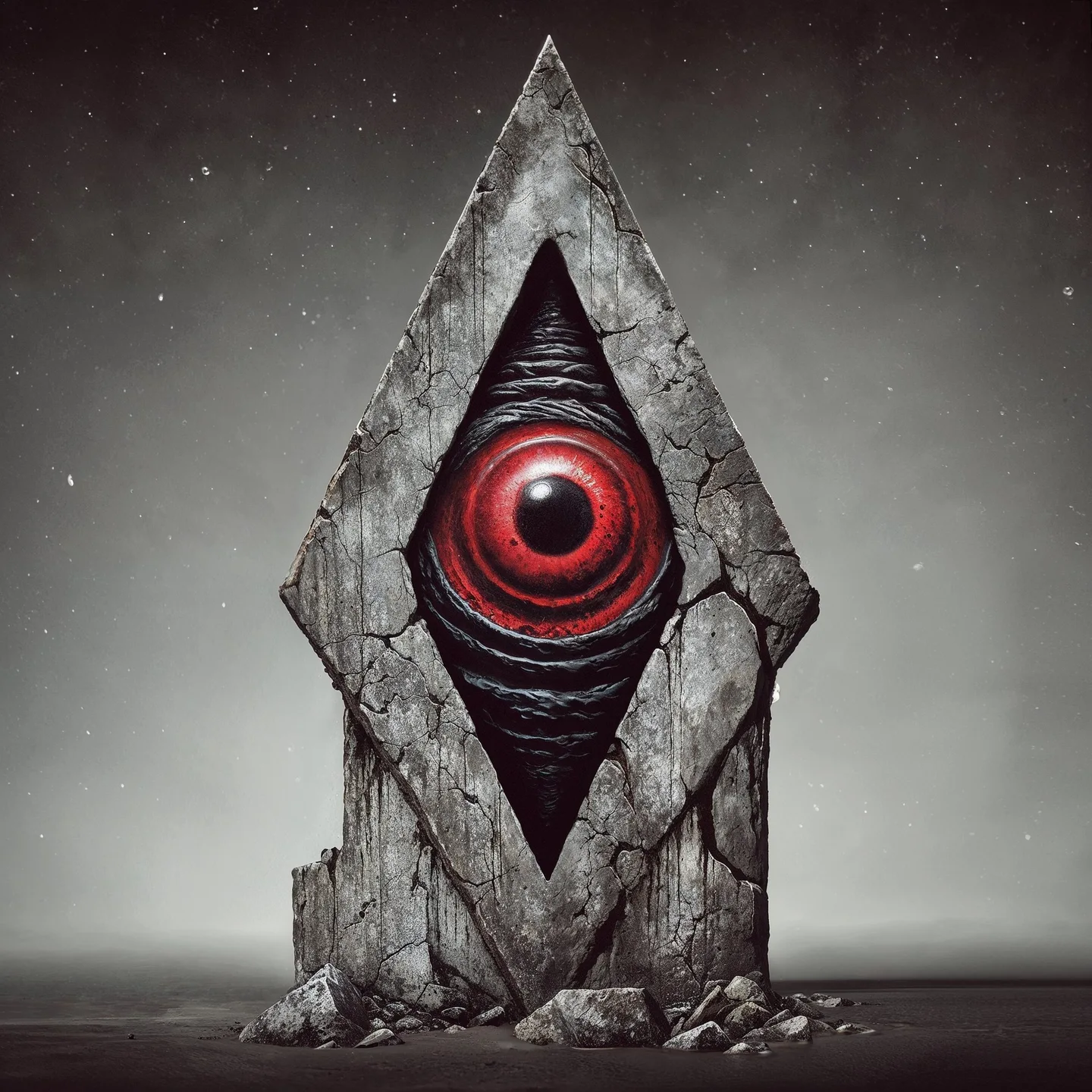 A tall stone monolith with a glowing red eye in a misty landscape