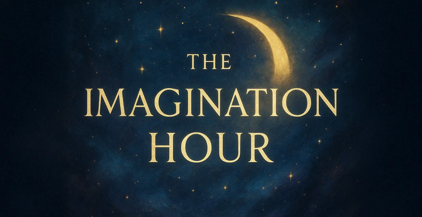 A gold crescent moon and The Imagination Hour title on a dark starry background
