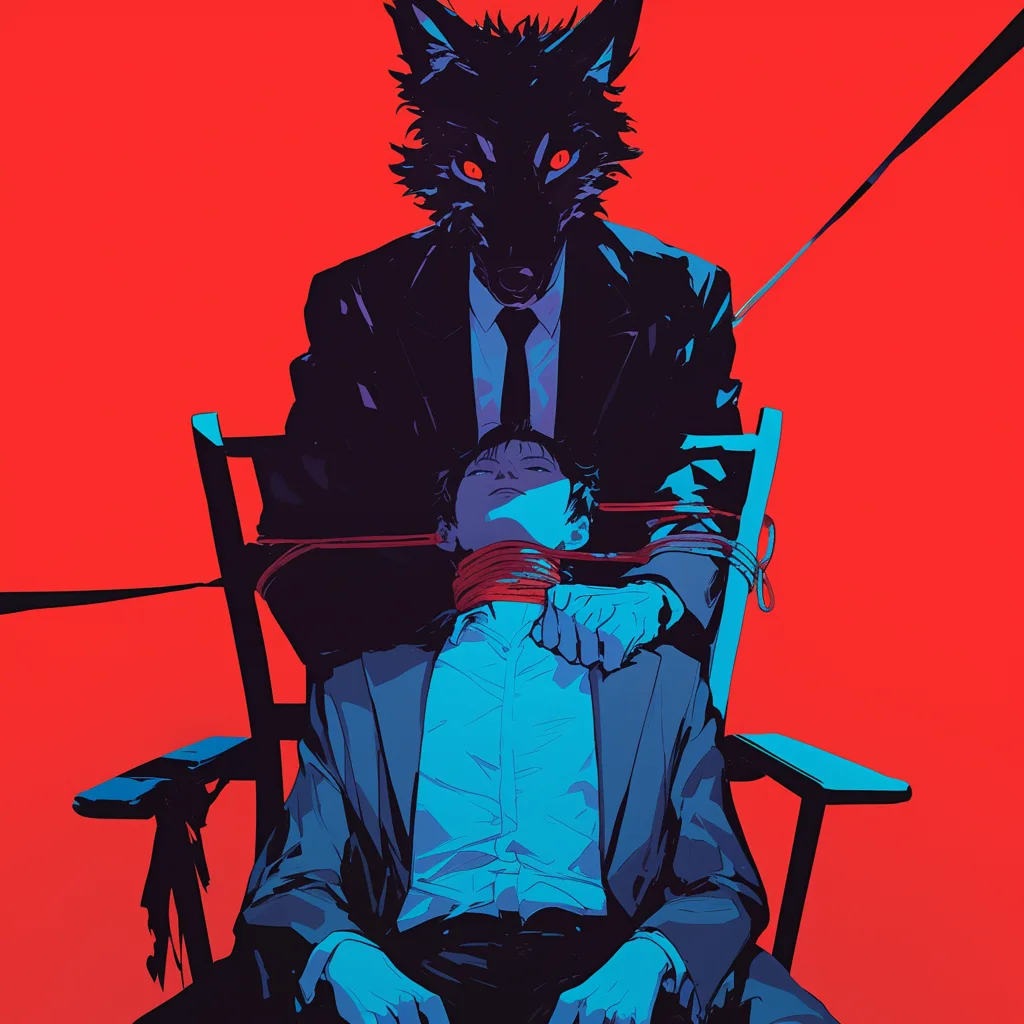 A sharp graphic illustration of a masked figure against a vivid red background