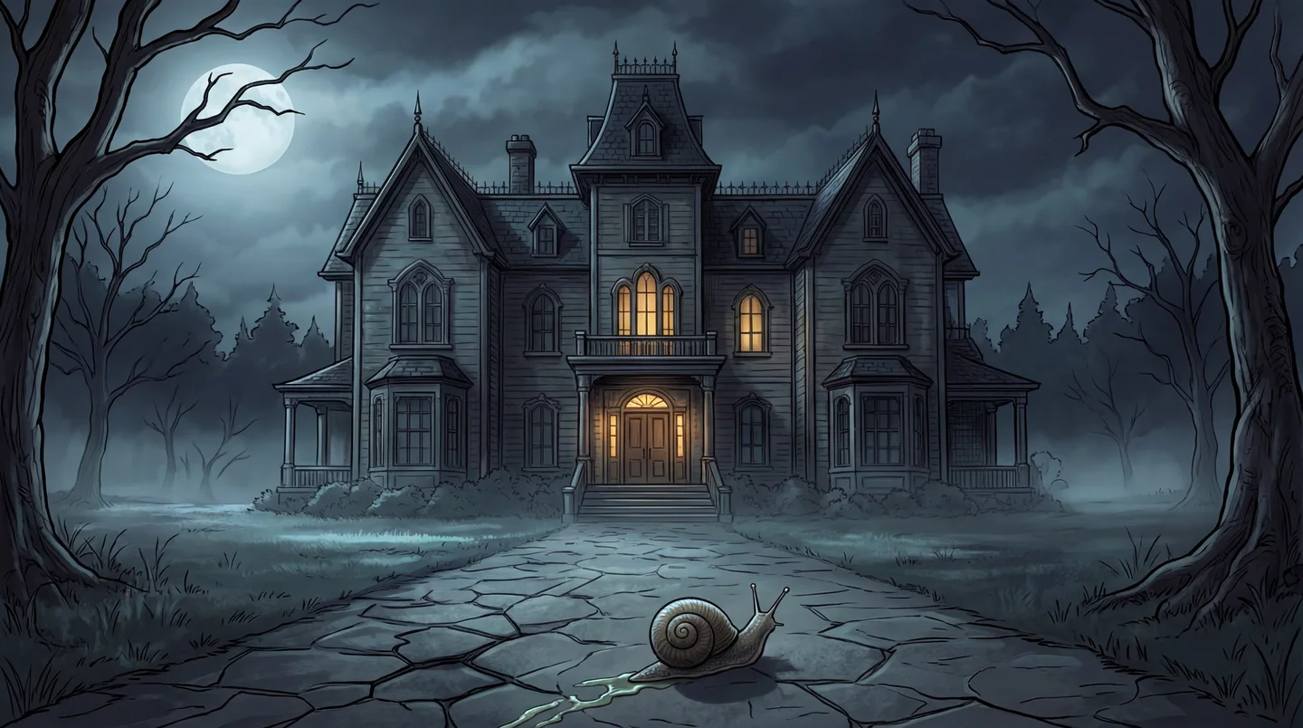 An illustrated gothic house at night with a snail in the foreground