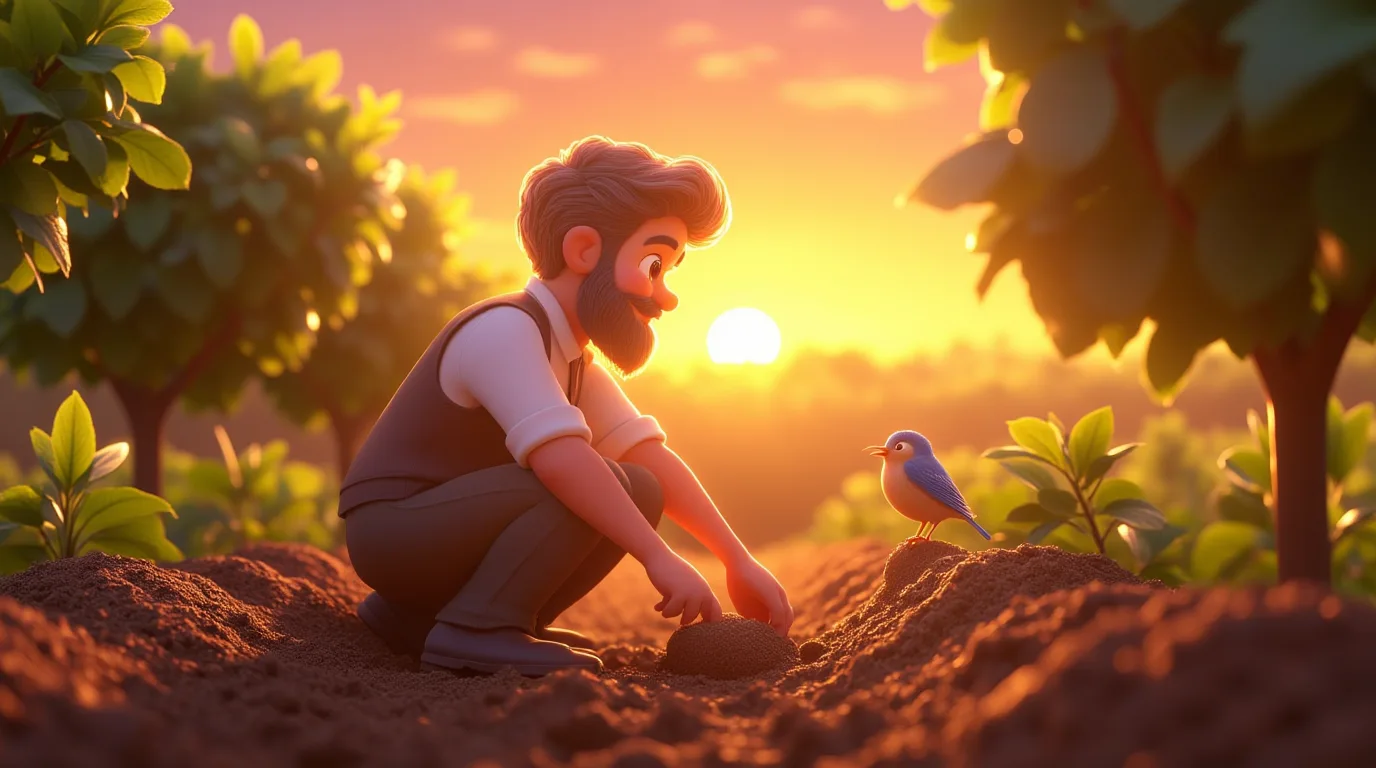 An animated farmer planting seeds beside a bluebird at sunset