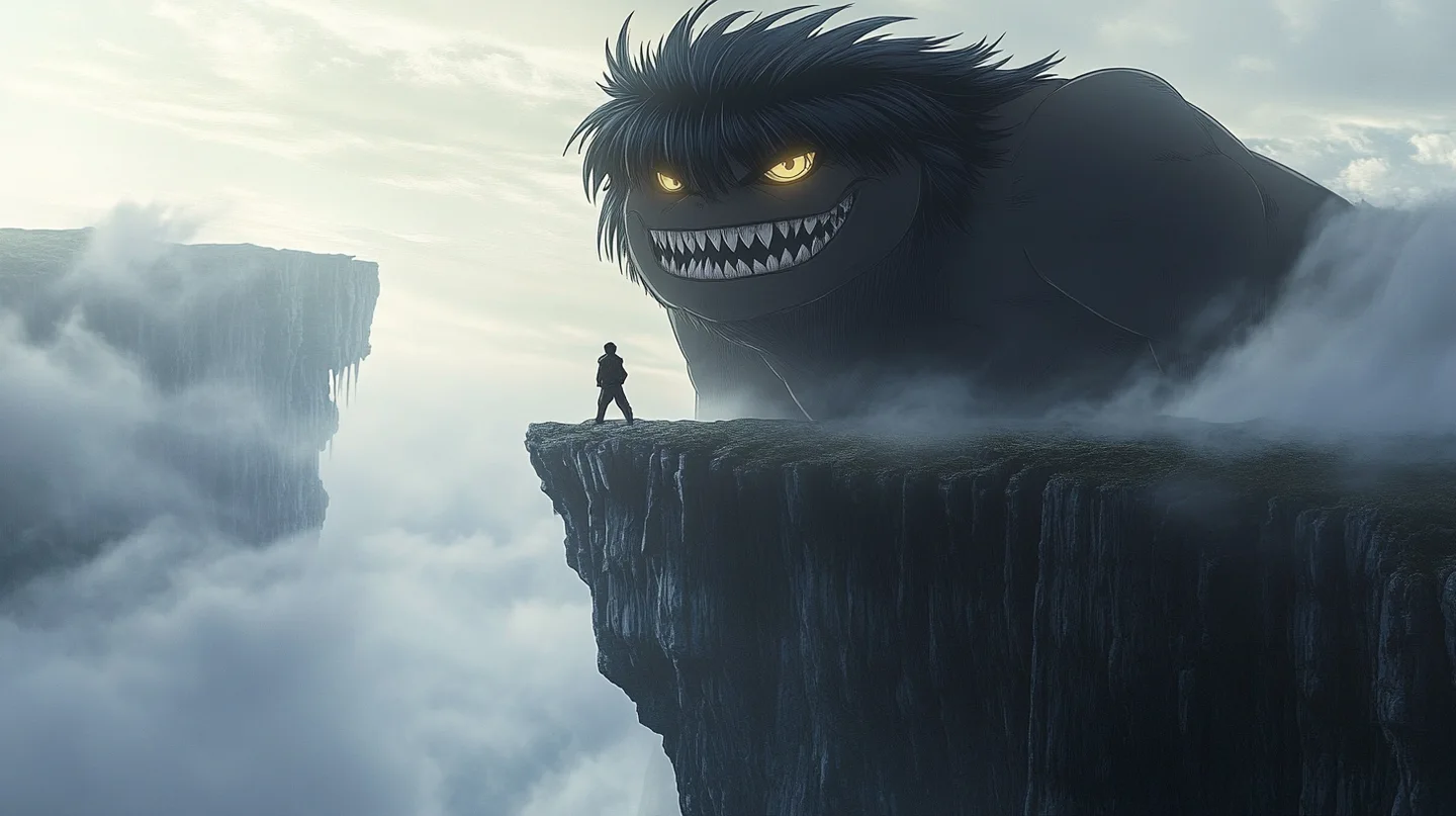 A small figure facing a giant furry creature on a misty cliff